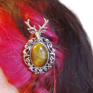 NWT Handmade deer hair braid spike antique silver Tiger Eye Center stone